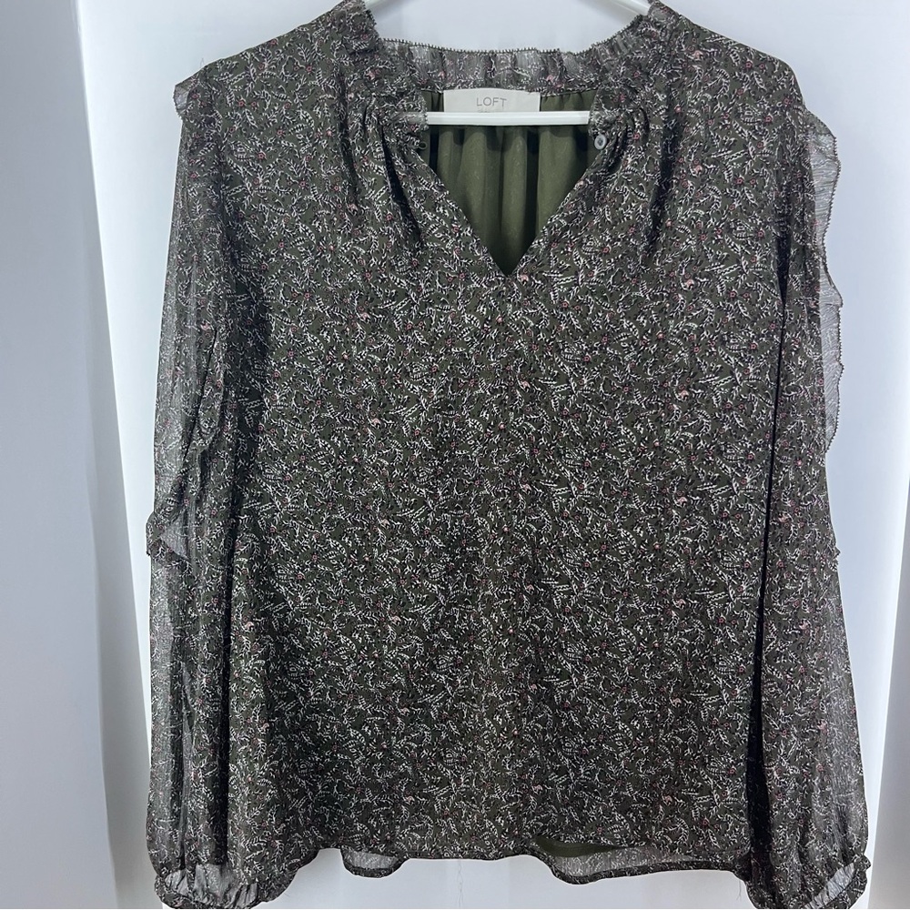 Loft Green, Purple, Pink, White, & Black Long-Sleeved Blouse, Women's Size Large